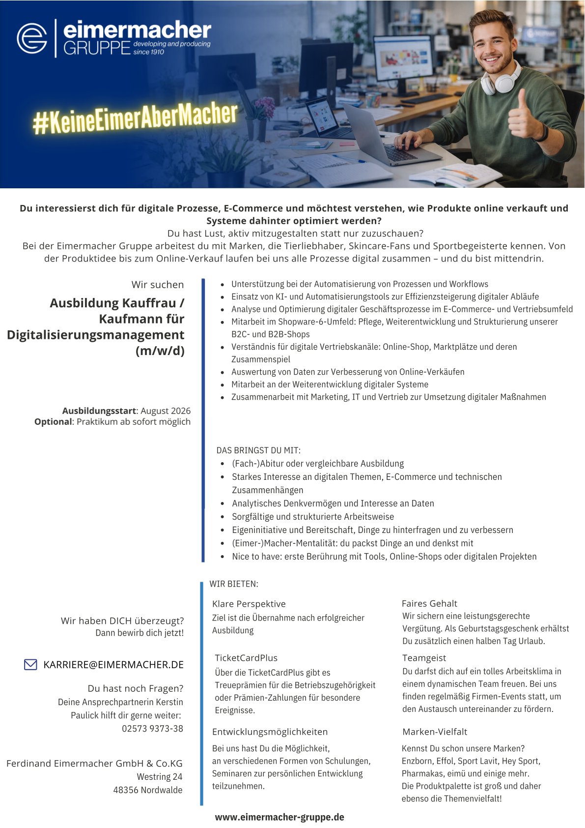 Ausbildung Kaufmann Digitalisierungsmanagement (m/w/d) Eimermacher