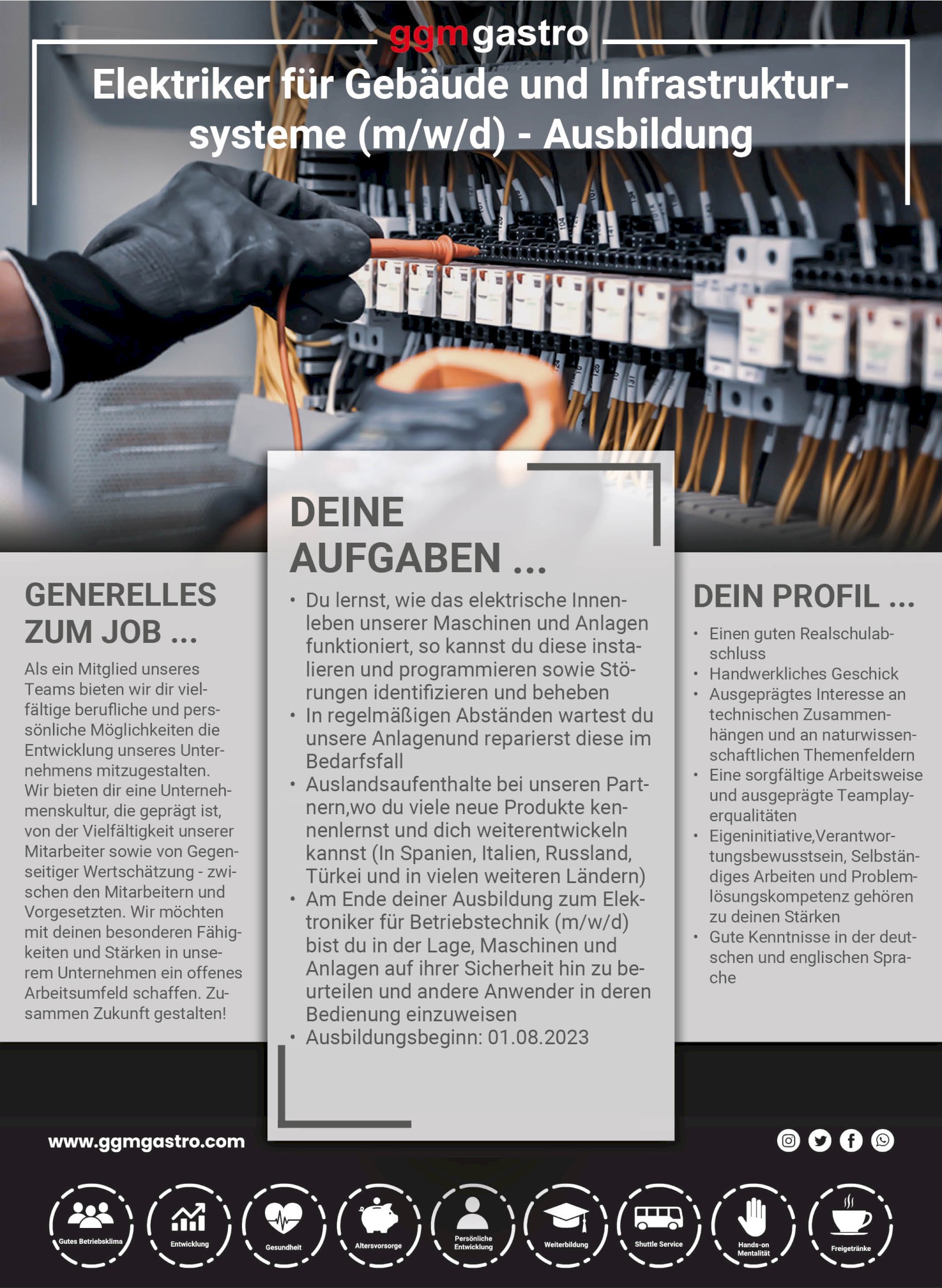 Stellenanzeige Ausbildung zum Elektriker für Gebäude und Infrastruktursysteme bei GGM Gastro